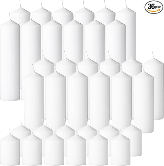 36 Pcs White Pillar Candles Bulk Set，Hurricane Candlesï¼? Different Lengths (12 Each)，Dripless Unscented Smokeless，Gives You a Better Atmosphere When Organizing an Event Party.