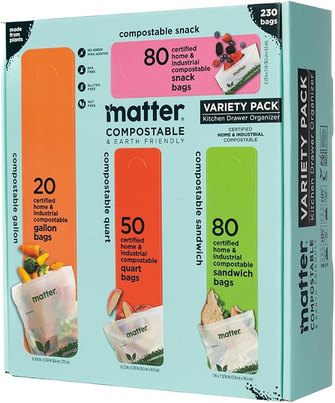 Matter Compostable Assorted Kitchen Bags, 230 Count, Biodegradable, Eco-Friendly Resealable Food Storage Variety Pack, 80 Snack, 80 Sandwich, 50 Quart & 20 Gallon
