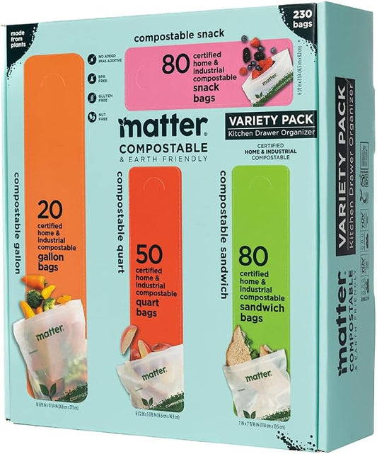 Matter Compostable Assorted Kitchen Bags, 230 Count, Biodegradable, Eco-Friendly Resealable Food Storage Variety Pack, 80 Snack, 80 Sandwich, 50 Quart & 20 Gallon