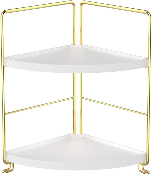 2-Tier Kitchen Spice Rack-Corner Bathroom Shelf- Triangle Standing Storage Rack for Bathroom, Living Room, Bedroom, Kitchen (Golden)