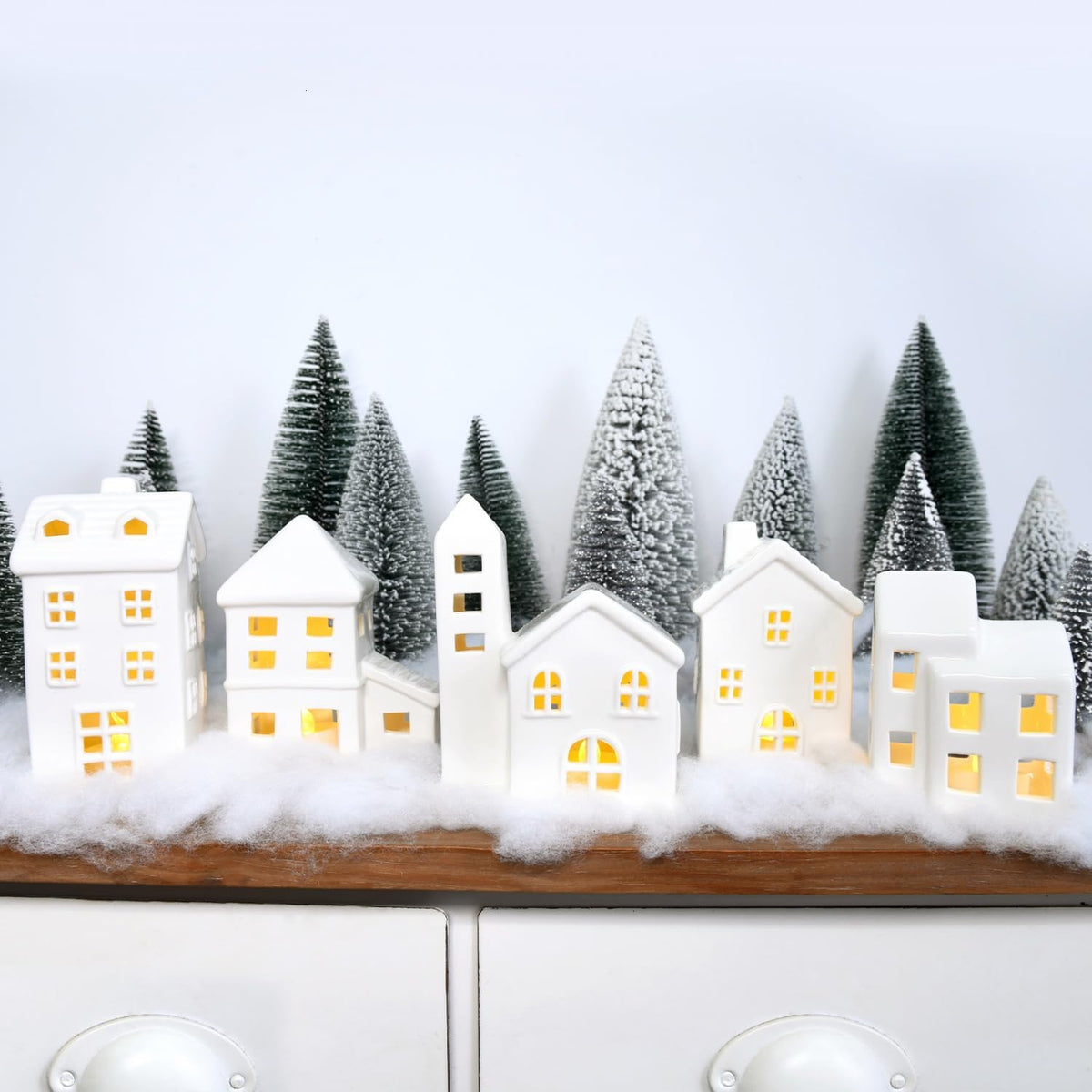 Regine Switzerland Ceramic Christmas Village Houses Set - 5 White Houses, 9 Trees & Fake Snow for Festive Home Decor