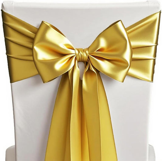 Skiennix Wedding Satin Gold Chair Sashes - 50 Pack Fitted Ribbons for Parties & Events | 7x108 Inches