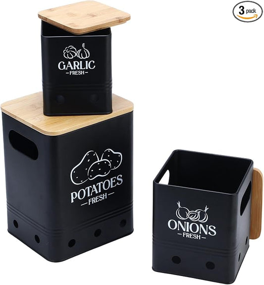 Simcat Kitchen Vegetable Storage Tins Set of 3, Potato Onion Garlic Kitchen Storage Canisters, Vegetable bin Keeper Containers with Aerating Holes and Wooden Lid (Black 1)