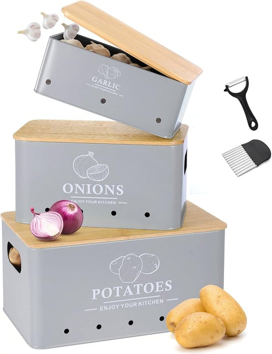 Kitchen Vegetable Storage Set of 3, Metal Onion Garlic Potato Storage Set, Kitchen Canisters Vegetable Keeper Containers with Aerating Holes and Bamboo Lid,Grey