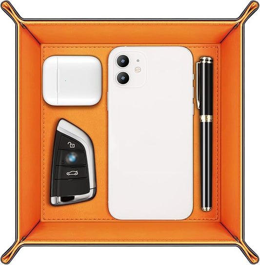 SITHON Valet Tray Desktop Storage Organizer – Premium PU Leather Catchall Bedside Vanity Tray Nightstand Caddy Holder for Remote Controller, Keys, Phone, Wallet, Coin, Jewelry (Orange)
