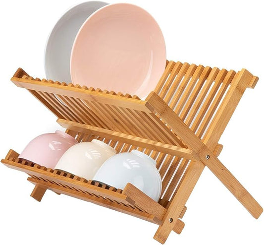 Lawei Collapsible Bamboo Dish Drying Rack - Plate Holder Dish Rack Cup Drying Strainer for Dish, Plate, Bowls, Cup