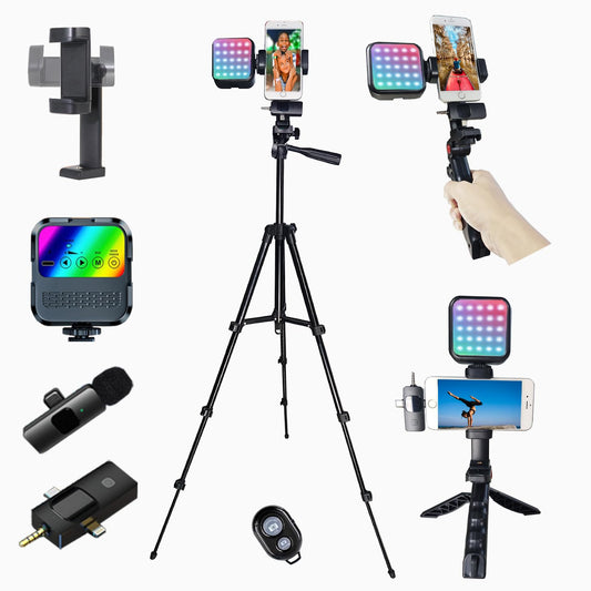 Litchitech Vlogging Kit for iPhone Andriod Phone, Content Creator Essentials,YouTube Begginer Kit with RotatableHolder/Lavalier Microphone/RGB Light/Remote/Extendable Tripod (60IN Tripod)