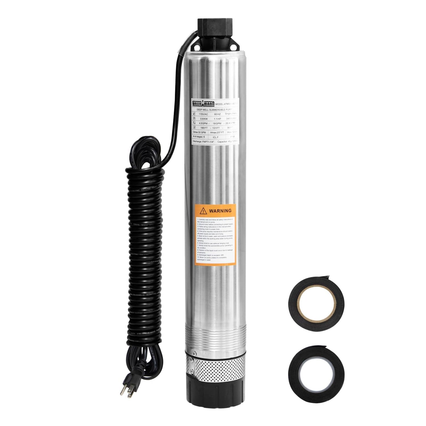 WASSERMANN 4" Effluent/Cistern Bottom Suction Pump with 33FT Cable,1HP,115V/60HZ,32GPM,207FT Head,Stainless Steel Deep Well Submersible Pump for Septic Tank Home and Industrial Agricultural