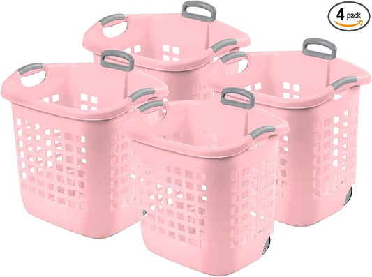 Sterilite 4 Pack Ultra Wheeled Laundry Basket, Plastic Clothes Hamper Bin with Wheels and Retractable Handle, 1.7 Bushel Capacity, Pink Frost