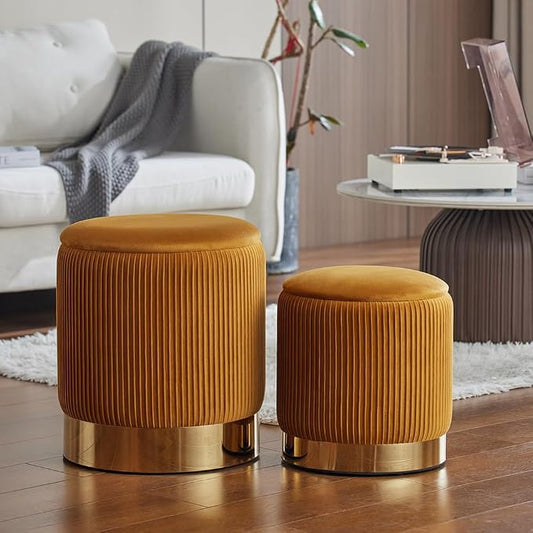 Round Ottoman with Storage Set of 2 Small Ottoman Coffee Table, Vanity Chair Foot Stool, Removable Lid, Hidden Storage, for Living Room, Bedroom, Hallway, Assembly Free (Orange)