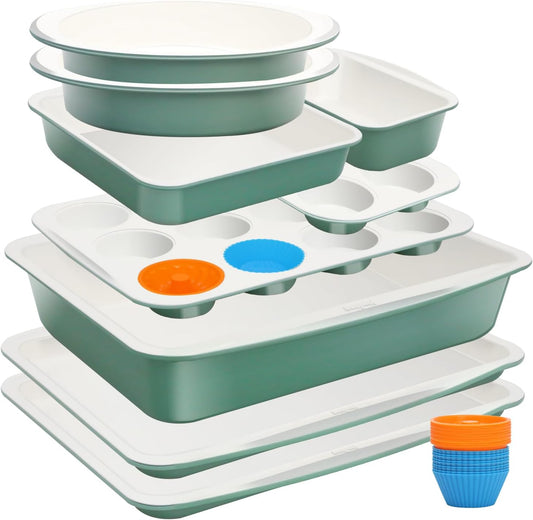 Skiennix Ceramic Nonstick Baking Pans Set - 33 PCS Stackable Bakeware, 550°F Oven Safe, Dishwasher Safe, Green