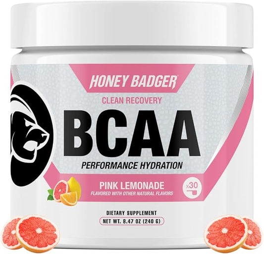 Honey Badger BCAA + EAA Amino Acids Powder, BCAAs + L-Glutamine, Keto, Vegan, Sugar Free for Men & Women, Hydration & Post Workout Muscle Recovery Drink Mix, Pink Lemonade, 30 Servings