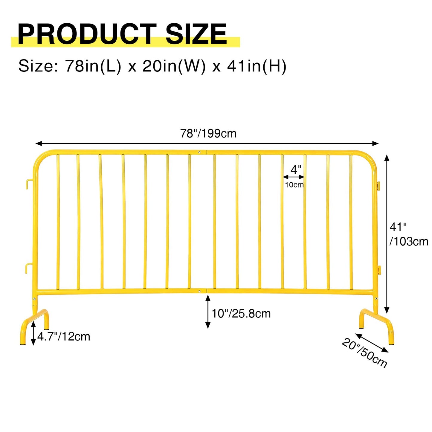 2 Pack Interlocking Steel Barricade, 6.5 ft. Heavy-Duty Metal Barricade with Removable Bridge Feet, Tool-Free Assembly, Rust-Proof Powder Coated, for Outdoor Event Crowd Control and Construction