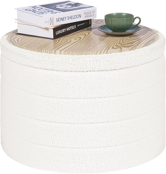 PINPLUS Round Ottoman with Stroage, Boucle Storage, Foot Stool Foldable Coffee Table Ottoman for Living Room, Bedroom, Dorm (White)