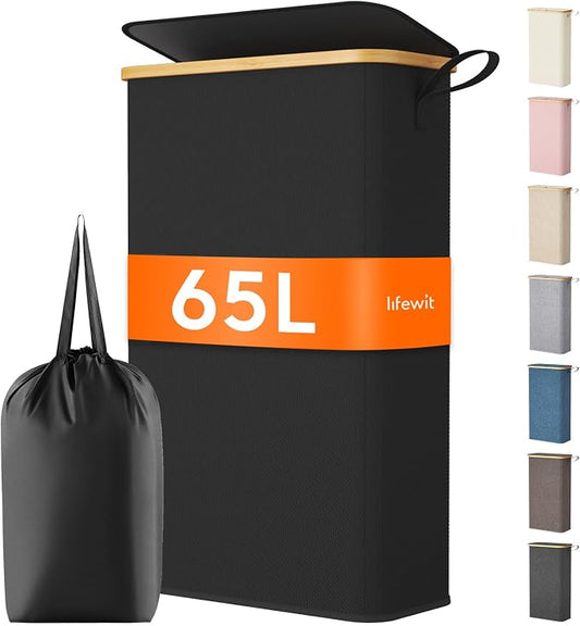 Lifewit 65L Slim Laundry Hamper with Lid, Narrow Laundry Basket with Removable Bag & Bamboo Handles, Fodable Thin Dirty Clothes Hamper for Laundry Collapsible Bin for Bathroom Bedroom Dorm, Black