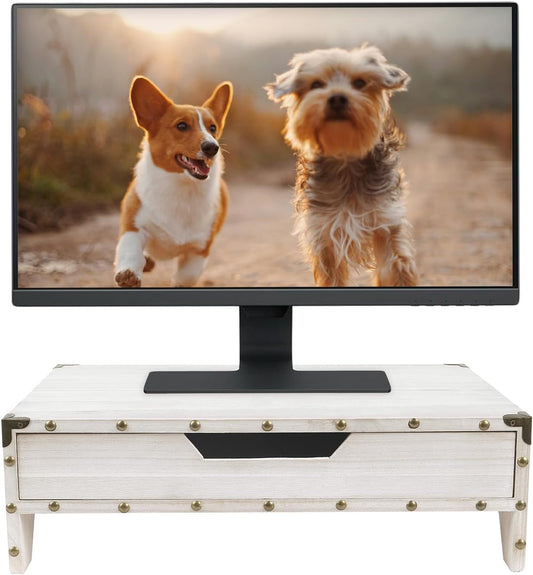 2 Organizer,16 1/2 10 1/4 5 1/8 Ikee Design Wooden Tier Monitor Stand with Drawer,Wood Desktop Stands for Laptop ,TV