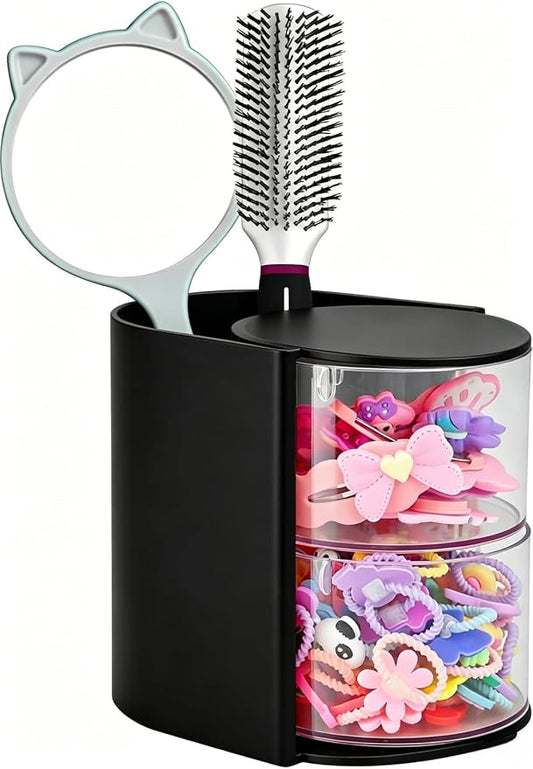 Luscinia Hair Accessories Organizer with Hair Brush Holder, Rotatable Makeup Brush and Jewelry Storage Box for Hair Clips, Earrings, Necklaces, Bracelets, Rings, and Daily Accessories (Black, 2-Layer)
