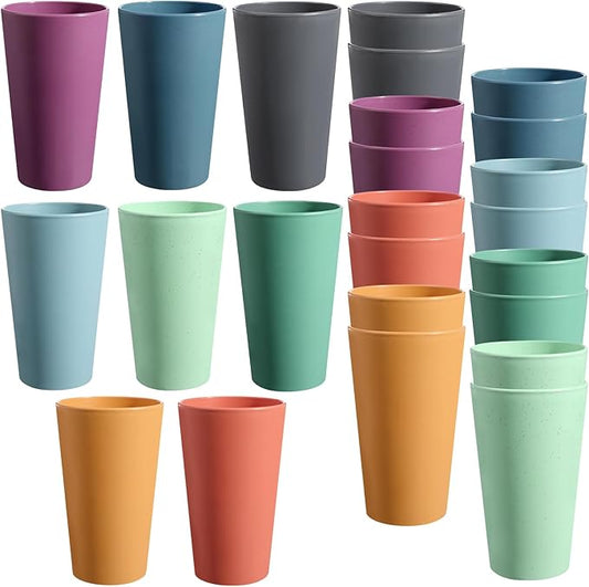 HEYCOME Set of 16 Wheat Straw Cups, 16 Pcs 20 oz Unbreakable Drinking Cups, Reusable Plastic Cups Sets, Water Glasses Tumblers, Microwave & Dishwasher Safe, Bpa Free, 8 Colors