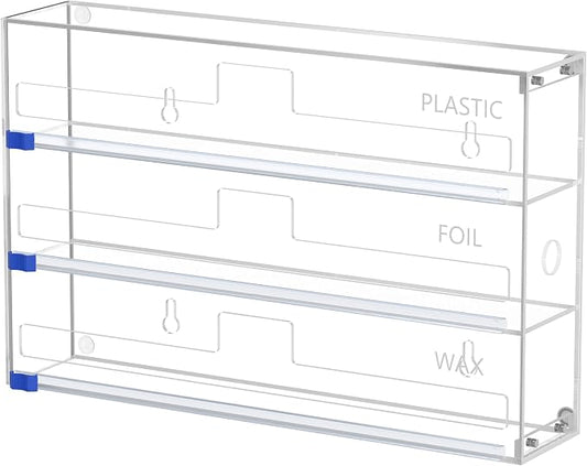 Kitchen Wrap Organizer, Foil and Plastic Wrap Organizer 3 in 1 with Sliding Cutter, Acrylic Wrap Dispenser for Drawer or Wall Mount, Fits 12 Inch Rolls