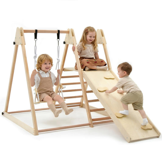 OLAKIDS Indoor Jungle Gym 4 in 1 Foldable Toddler Wooden Montessori Baby Climbing Toys with Swing Slide Ramp Ladder for Kids Playground Climb Activity Play Structure