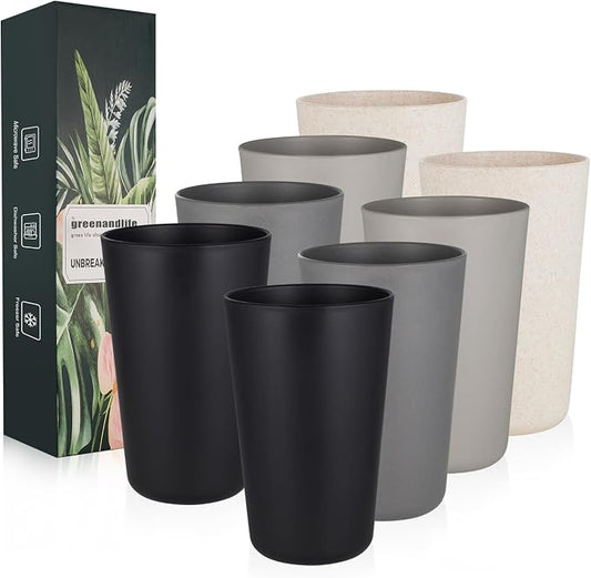 Premium Wheat Straw Cups 20 oz Set of 8 Alternative to Plastic Cups Reusable Unbreakable Drinking Cup Dishwasher Safe Water Glasses Tumblers, Grey and Black