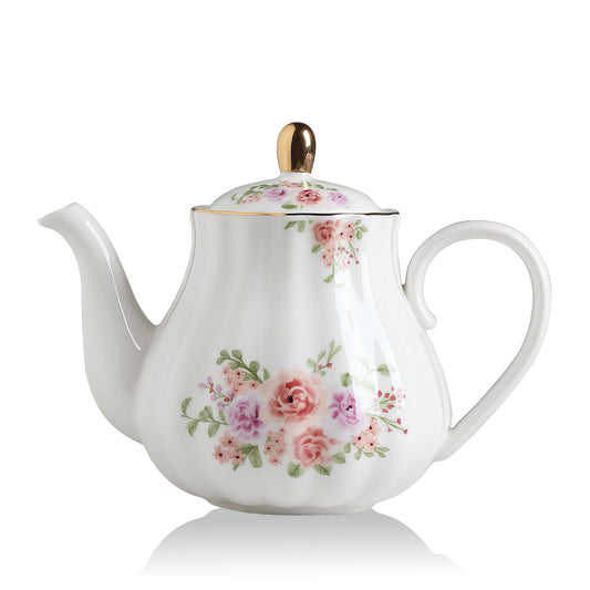 Sweejar Royal Teapot, Ceramic Tea Pot with Removable Stainless Steel Infuser, Blooming & Loose Leaf Teapot (Rose Flower, 28 Ounce)