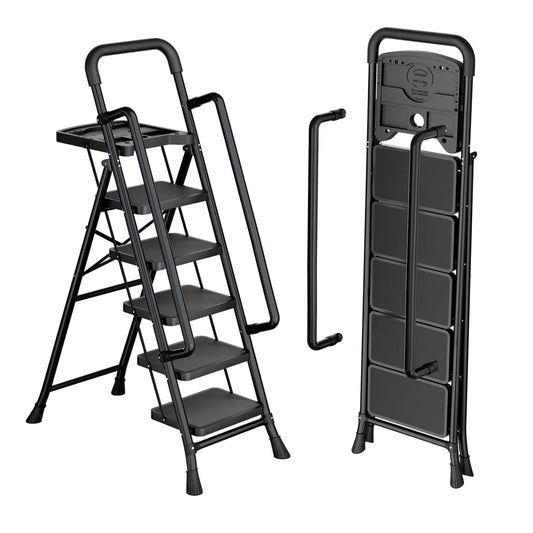 5 Step Ladder with Tool Platform, Folding Step Stool with Handrails, Sturdy Steel Ladder with Widen Pedals,Safe-Lock Design,Havy-Duty Portable Safety Ladder for Home Decor Painting Outdoor Garage