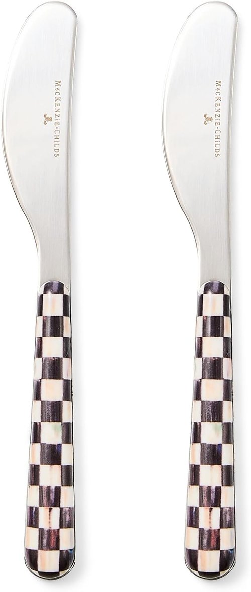 MACKENZIE-CHILDS Bistro Spreaders Set of 2 - Stainless Steel Butter & Charcuterie Utensils | Black & White Courtly Check