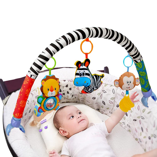willway Adjustable Baby Travel Play Arch, Detachable Activity Musical Animal Toys Mobile for Bassinet Crib Stroller Pram Car Seat Mobiles Width Among 11.6-20.2 Inch with Rattles BB Squeaker Teether