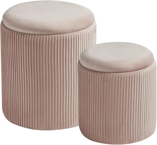 BLEXA Round Set of 2 Ottoman with Storage-Upholstered Velvet Vanity Stool for Makeup Multifunctional Ottomans Coffee Table Padded Seat Foot Rest for Living Room&Bedroom(Pink)