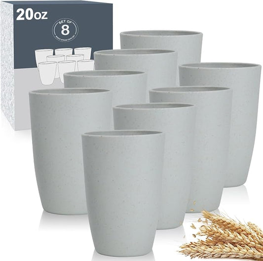 Wrova Wheat Straw Cups 8 PCS Good Alternative to Plastic Reusable Cups 20 oz Unbreakable Drinking Cup Reusable Dishwasher Safe Water Plastic Glasses Light Grey