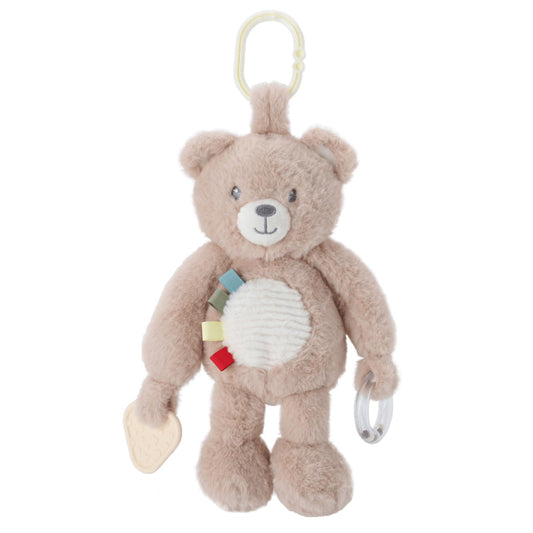Linzy 10" Teddy Bear Stroller Toy – Soft Dinosaur Plush Baby Toy with Teether, Rattle & Colorful Tags, Birthday Christmas for Newborns Toddlers Kids