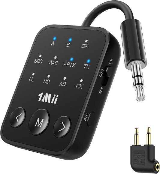 1Mii 5.3 2 3.5mm Airplane/TV/MP3 25H Bluetooth Transmitter Receiver, Dual Link for Headphones, aptX Adaptive/HD Low