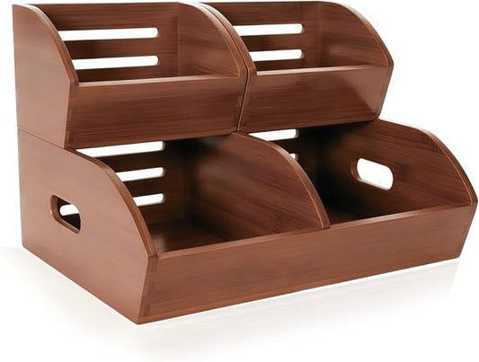 Potato and Onion Storage Bin for Pantry and Kitchen, Ventilated Stackable Bamboo Storage Bins with Handles - Multipurpose Organizers, Produce Containers for Bread, Vegetable, Fruit (Walnut, 3 Pack)