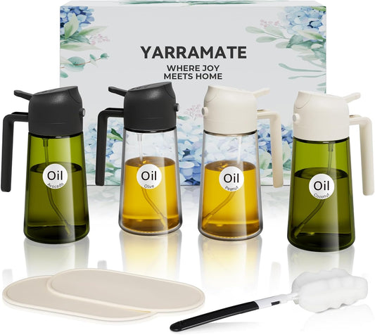 YARRAMATE Glass Olive Oil Sprayer Set - 4Pcs 16oz with Stickers, Non-Slip Mats & Cleaning Brush | Perfect Kitchen Gift