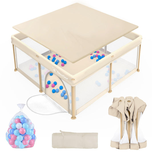 Foldable Baby Playpen for Babies and Toddlers, 50x50 Inch Portable Play Yard, Collapsible Play Pen with Mat, Visible Mesh, 50 Ocean Balls, Indoor/Outdoor Baby Fence Activity Center for Home