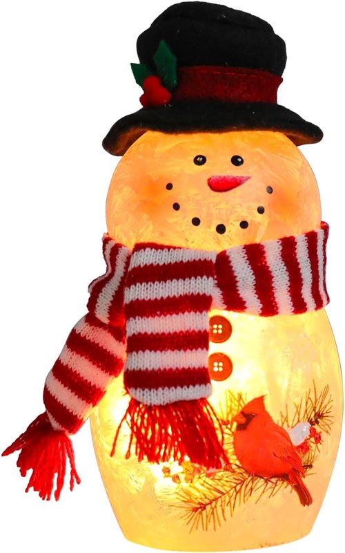 Bdor Snowman Christmas Decoration - 6.3 Inch Glass Figurine with Cardinal & Red Scarf | Warm Glow Holiday Décor