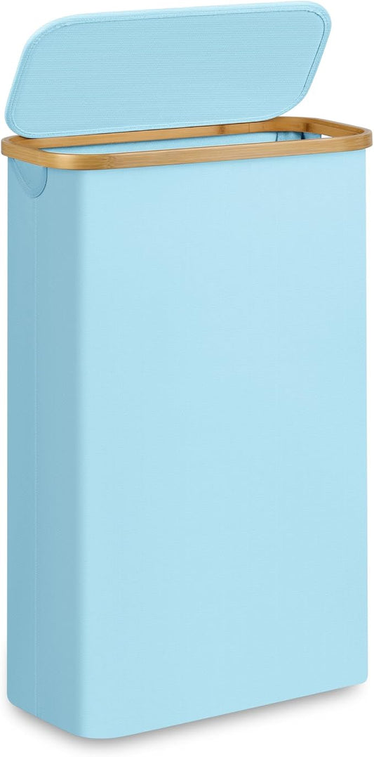 Slim Laundry Basket,60L Laundry Hamper with Lid, Tall Hamper for Laundry,Dirty Cloth Hamper with Bamboo Handle for Toys,Towels, Clothes Organizing, Light Blue