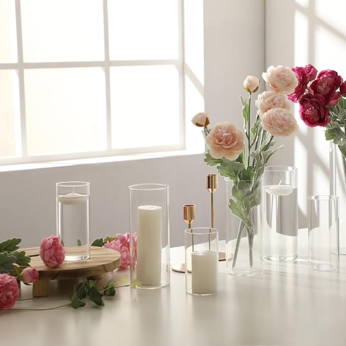24 Pcs White Pillar Candles and Glass Candle Holders, Clear Cylinder Vases Pillar Candle Holders for Pillar Candles, Hurricane Candle Set for Wedding Party, Event, Home Office Decor
