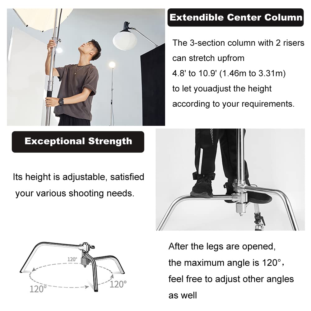 Heavy Duty C Stand 10.8ft/330cm with Boom Arm 100% Stainless Steel Photography Sturdy C-Stand with Carry Bag Sandbag 3*Clip 2*Grip Head for Photography Studio Video Monolight Softbox Shooting