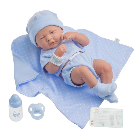 La Newborn Boutique 14" Realistic Baby Doll – 9-Piece Layette Gift Set, Soft Vinyl, Posable Limbs, Lifelike Detail – Anatomically Correct Real Boy in Blue (Berenguer / JC Toys)