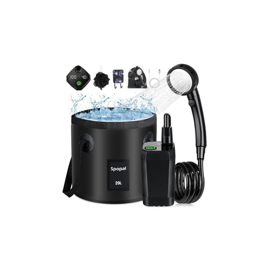 Portable Shower for Camping, Spopal Rechargeable Camping Shower with Collapsible Bucket with Handle 20L Intelligent LED Display, 4 Spray Modes, Outdoor Shower Kit for Hiking, Travel, Car, Pet 【Black】