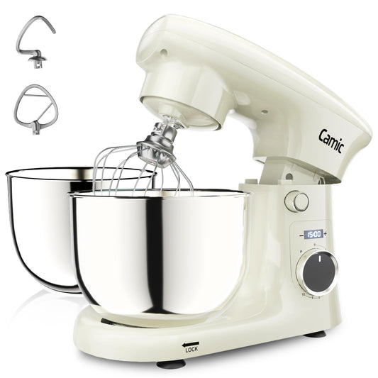 Camic Stand Mixer, 4.2QT+5.3QT Two bowls Electric Food Mixer, 10 Speeds with Digital setting 3-IN-1 Kitchen Mixer for Baking Cakes Cookie Bread Salad with Egg Whisk,Dough Hook,Flat Beater (White)