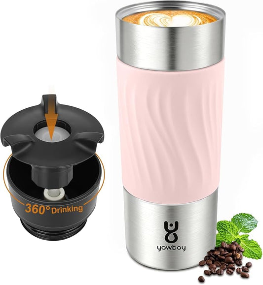 Travel Coffee Mug with 360°Lid, Travel Coffee Tumbler 16 oz Leak Proof, Stainless Steel Insulated Travel Mugs for Hot and Cold Spill Proof Leak Proof(Pink)