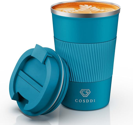 CS COSDDI Stainless Steel Travel Mug 12oz - Vacuum Insulated Coffee Travel Mug Spill Proof with Leakproof Lid - Double Walled Reusable Tumbler Cups for Keep Hot/Ice Coffee,Tea and Beer(Aquamarine)