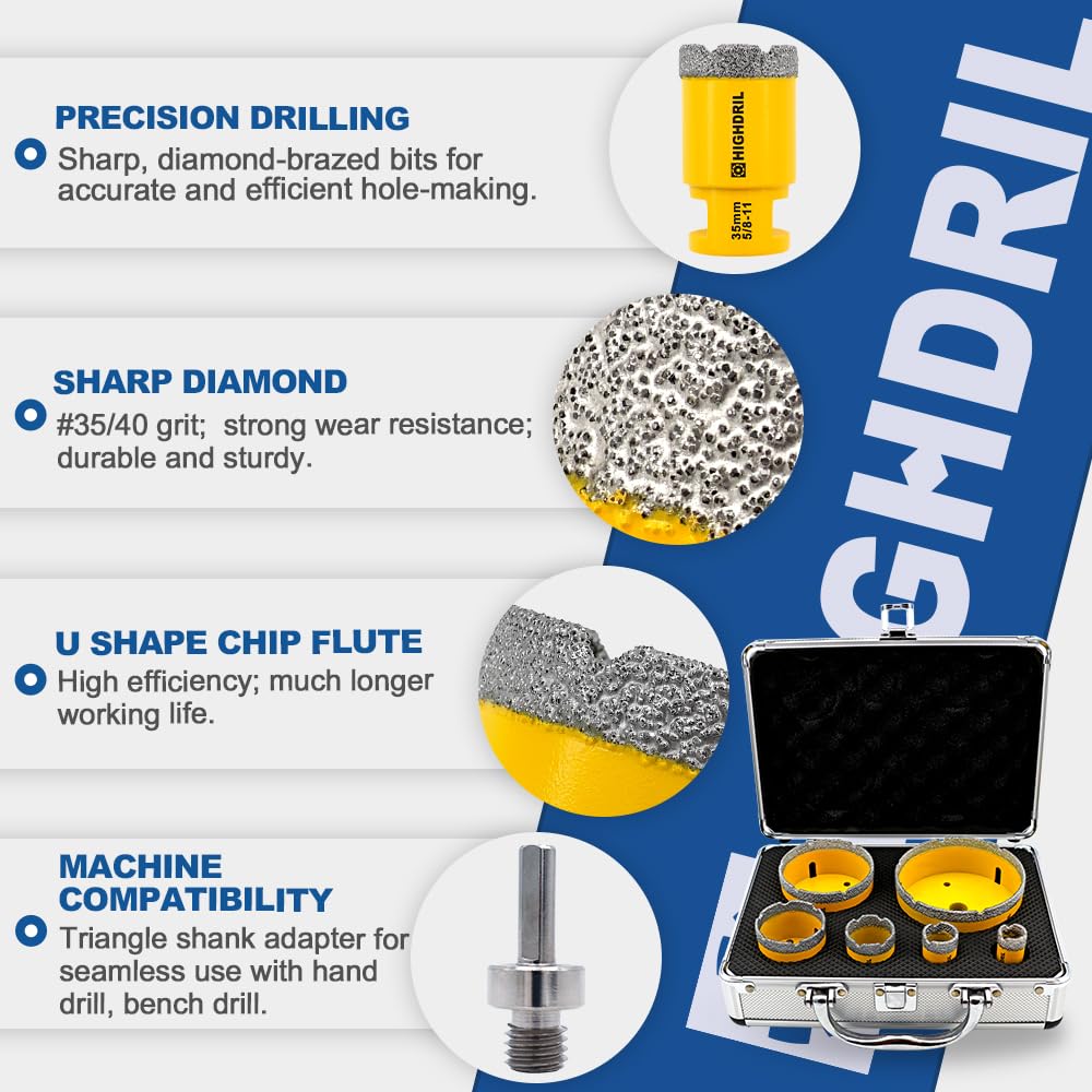 HIGHDRIL Diamond Drill Bits Kit with 5/8-11 for Porcelain Tile Ceramic Marble Brick Concrete Vacuum Brazed Hole Saw(20/25/35/50/75/100mm)
