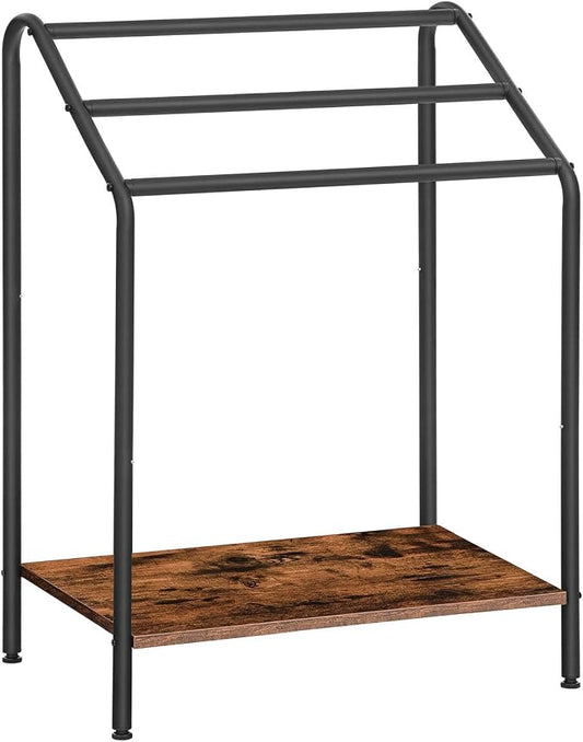 HOOBRO Freestanding Towel-Rack for Bathroom, 3 Tier Blanket Rack for Living Room, 23.6" L x 14.2" W x 33.9" H, Quilt Blanket Ladder Holder, Drying and Display Rack, Rustic Brown and Black BF63LB01