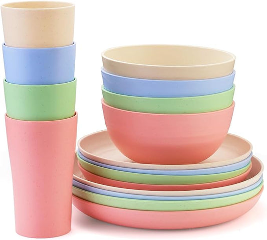Wheat Straw Dinnerware Sets for 4,Unbreakable Tableware Set Wheat Straw Plates Bowls Cup Sets Kitchen Dishes 16pcs College Dorm Room Essentials Cutlery Set Microwave Dishwasher Safe Camping Picnic
