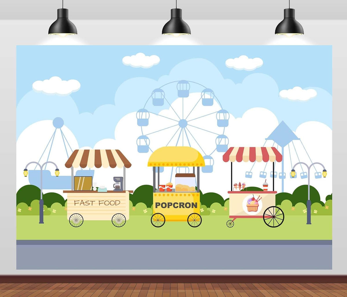 CORFOTO 10x8ft Fabric Carnival Food Cart Backdrop Ferris Wheel Fast Food Popcorn Ice Cream Fair Scene Photography