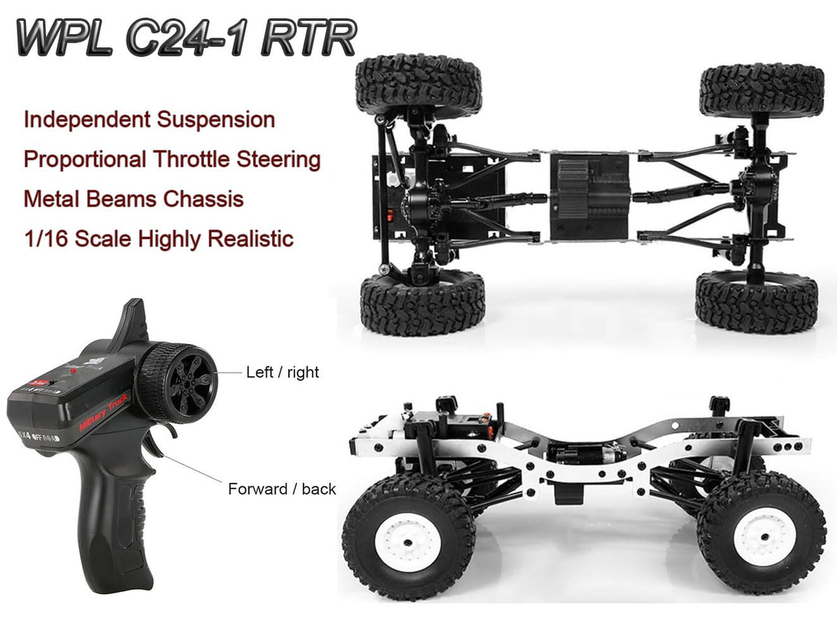 HLSFWDRIVE WPL C24-1 RC Rock Crawler RC Truck 4x4 1/16 Scale RC Crawler Off Road Remote Control Pickup 2.4G All Terrain RTR with Proportional Throttle Steering Led Light Adult